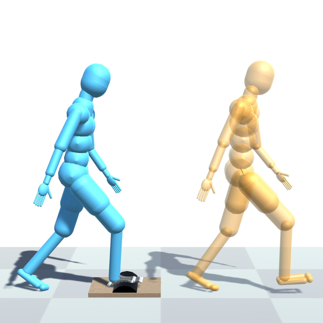 A simulated prosthesis user stepping on an obstacle with a compliant prosthesis.