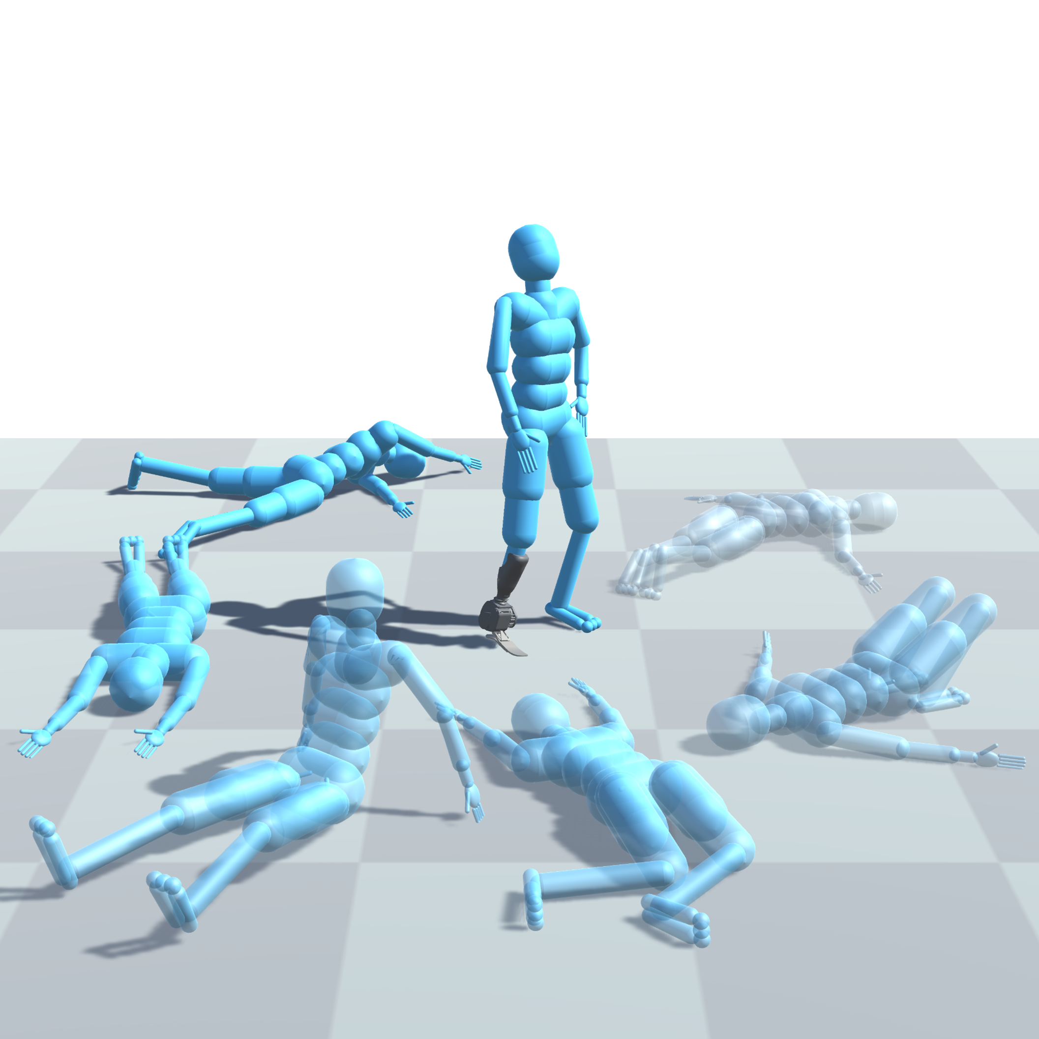If at first you don't succeed... [An image of simulated prosthesis user celebrating standing successfully while past versions surround them] 